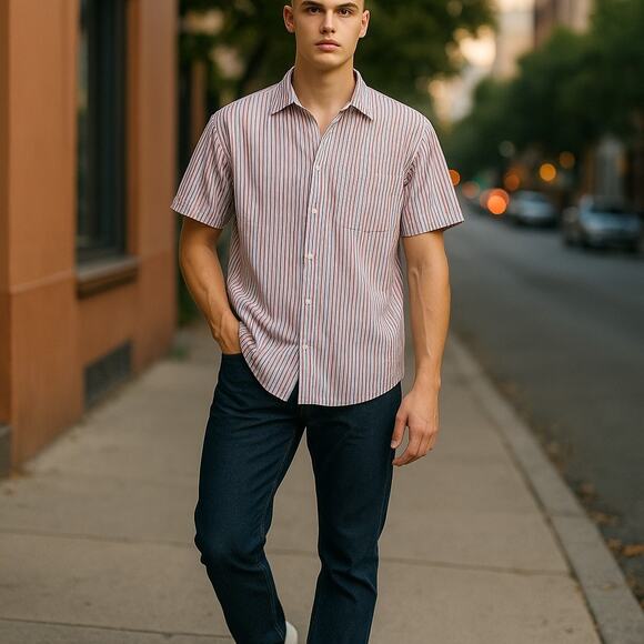 Old Navy Mens Shirt Size L Everyday Short Sleeved Red White Blue Striped NEW - Picture 1 of 6